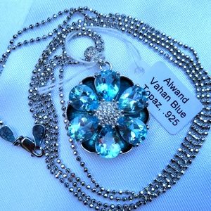 Alwand Vahan blue topaz sterling silver pendant and dbl strand necklace
